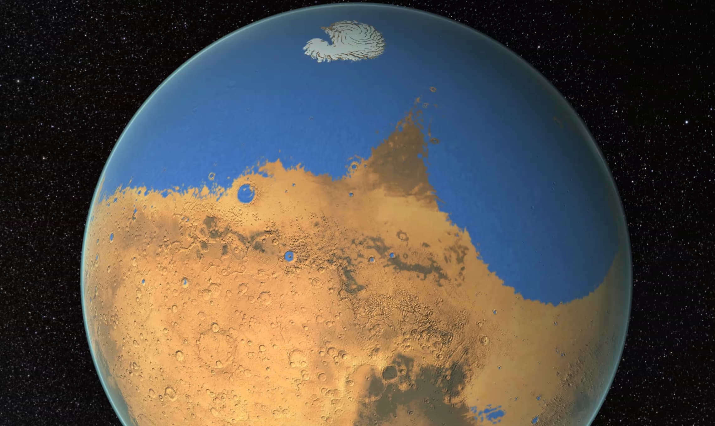 This artist’s rendition of an ancient ocean that was once on Mars 
